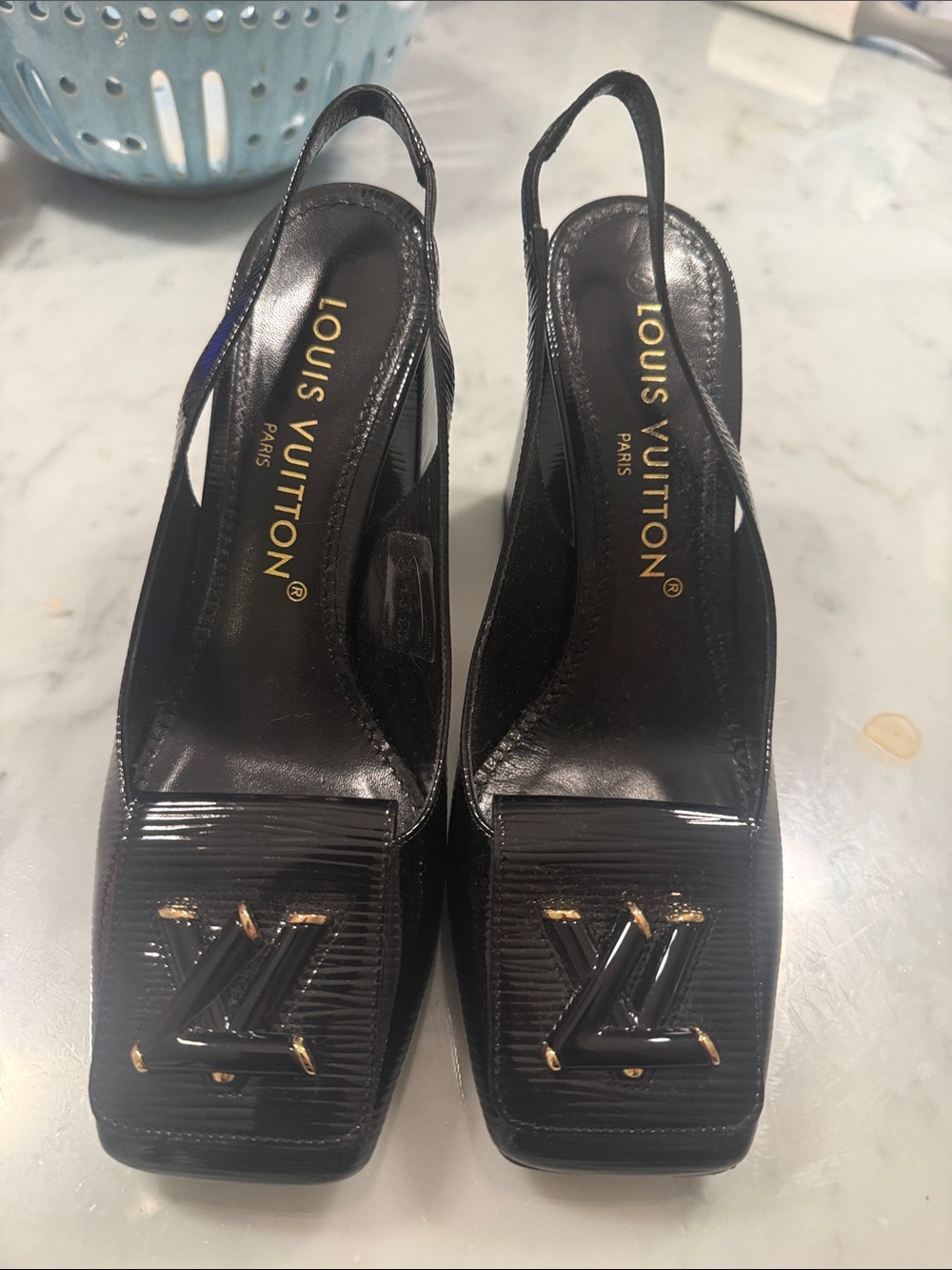 Louis Vuitton Black Patent Leather Square-Toe Slingback Pumps with LV Hardware